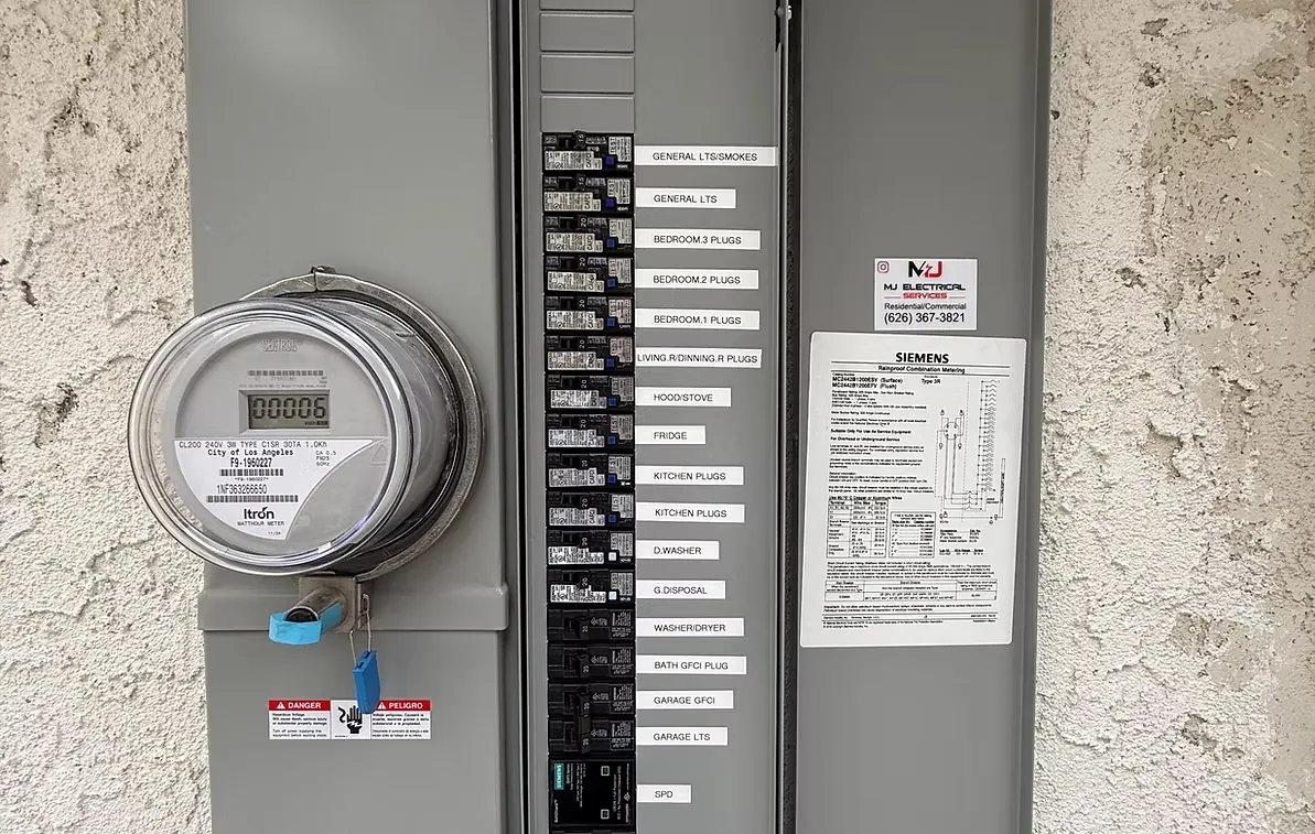 Residential electrical panel and meter installed by MJ Electrical Services